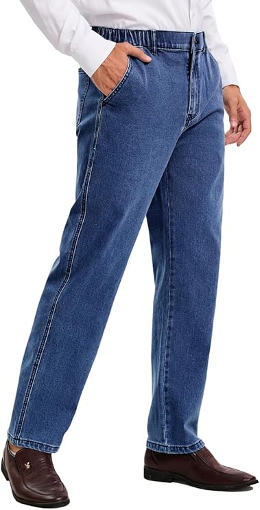 voeeron Mens Elastic Waist Jeans Relaxed Fit Men's Jeans with Elastic Waist with Zipper and Button