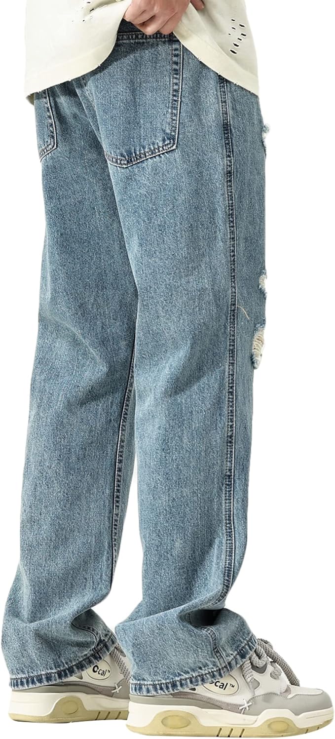DOSLAVIDA Mens Jeans Regular Fit Ripped Jean Relaxed Fit Straight Leg Distressed Skateboard Denim Pants