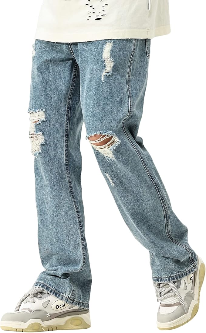 DOSLAVIDA Mens Jeans Regular Fit Ripped Jean Relaxed Fit Straight Leg Distressed Skateboard Denim Pants