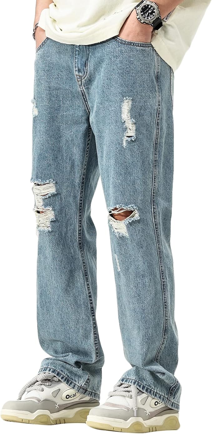 DOSLAVIDA Mens Jeans Regular Fit Ripped Jean Relaxed Fit Straight Leg Distressed Skateboard Denim Pants