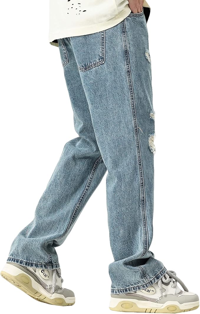 DOSLAVIDA Mens Jeans Regular Fit Ripped Jean Relaxed Fit Straight Leg Distressed Skateboard Denim Pants
