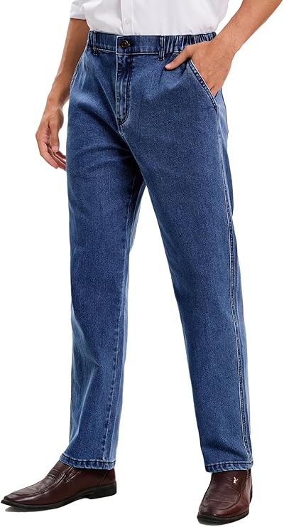 voeeron Mens Elastic Waist Jeans Relaxed Fit Men's Jeans with Elastic Waist with Zipper and Button