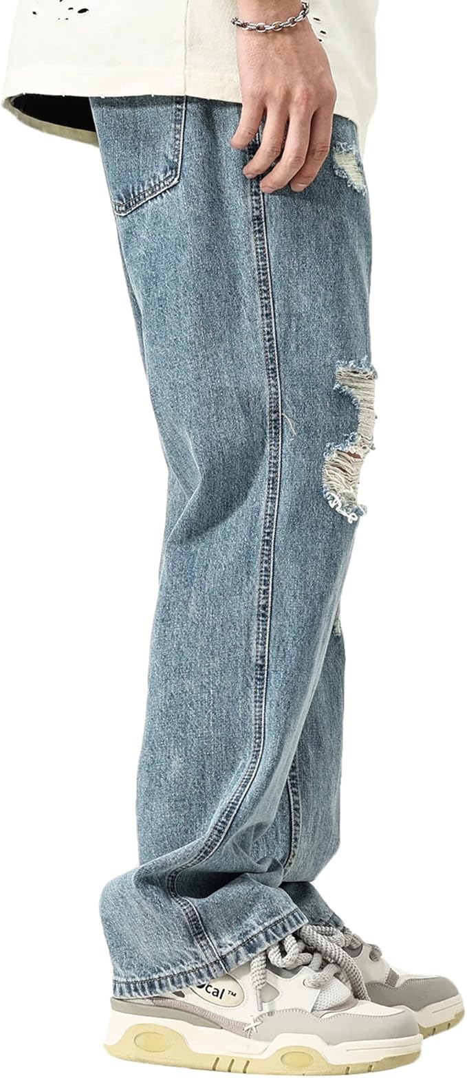 DOSLAVIDA Mens Jeans Regular Fit Ripped Jean Relaxed Fit Straight Leg Distressed Skateboard Denim Pants