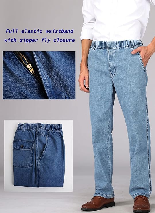 Soojun Mens Casual Loose Fit Elastic Waist Jeans Denim Pants