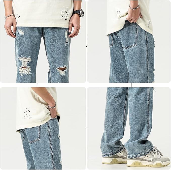 DOSLAVIDA Mens Jeans Regular Fit Ripped Jean Relaxed Fit Straight Leg Distressed Skateboard Denim Pants
