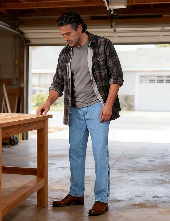 Soojun Mens Casual Loose Fit Elastic Waist Jeans Denim Pants