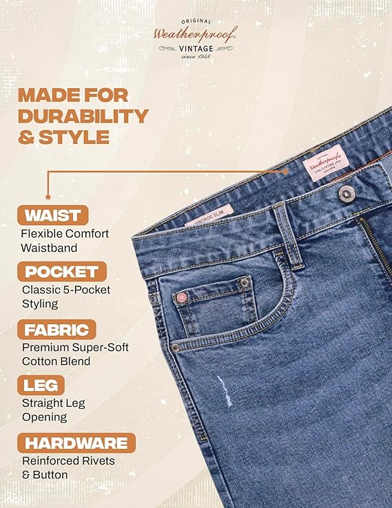 Weatherproof Vintage Mens Jeans Slim Fit - Super-Soft Stretch Denim Pants  Men's Straight Leg Jean with All-Way Stretch