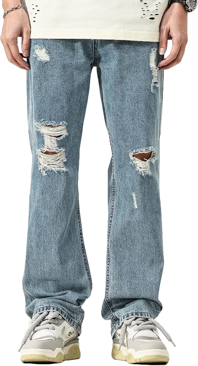 DOSLAVIDA Mens Jeans Regular Fit Ripped Jean Relaxed Fit Straight Leg Distressed Skateboard Denim Pants
