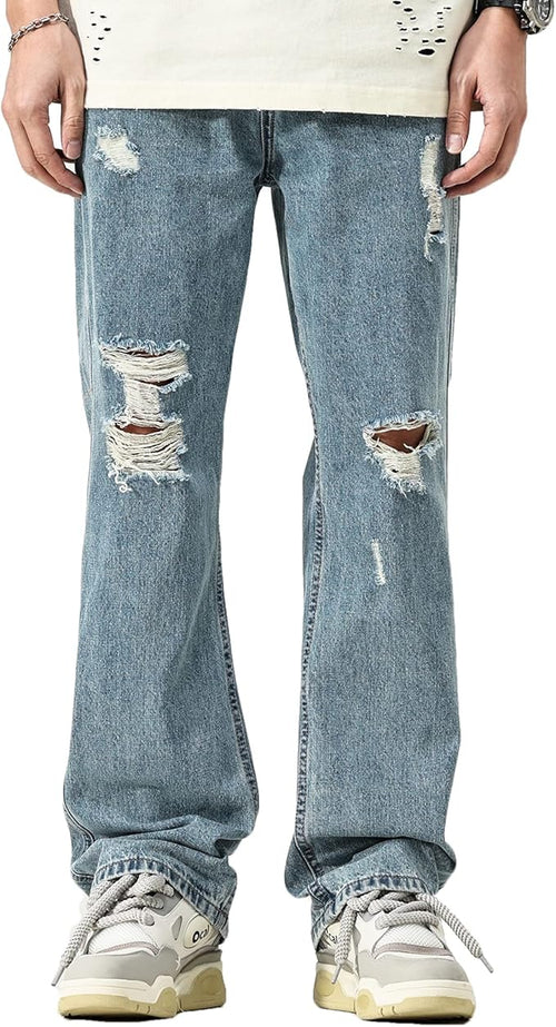DOSLAVIDA Mens Jeans Regular Fit Ripped Jean Relaxed Fit Straight Leg Distressed Skateboard Denim Pants